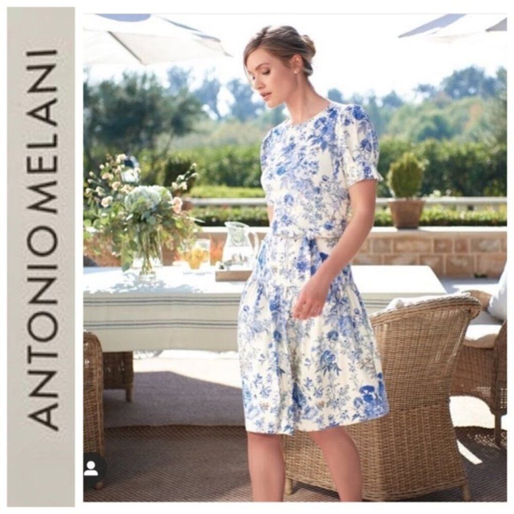 Antonio Melani Jessie Blue Skies White Floral Short Sleeve Drop Waist Dress 14 - Picture 3 of 12